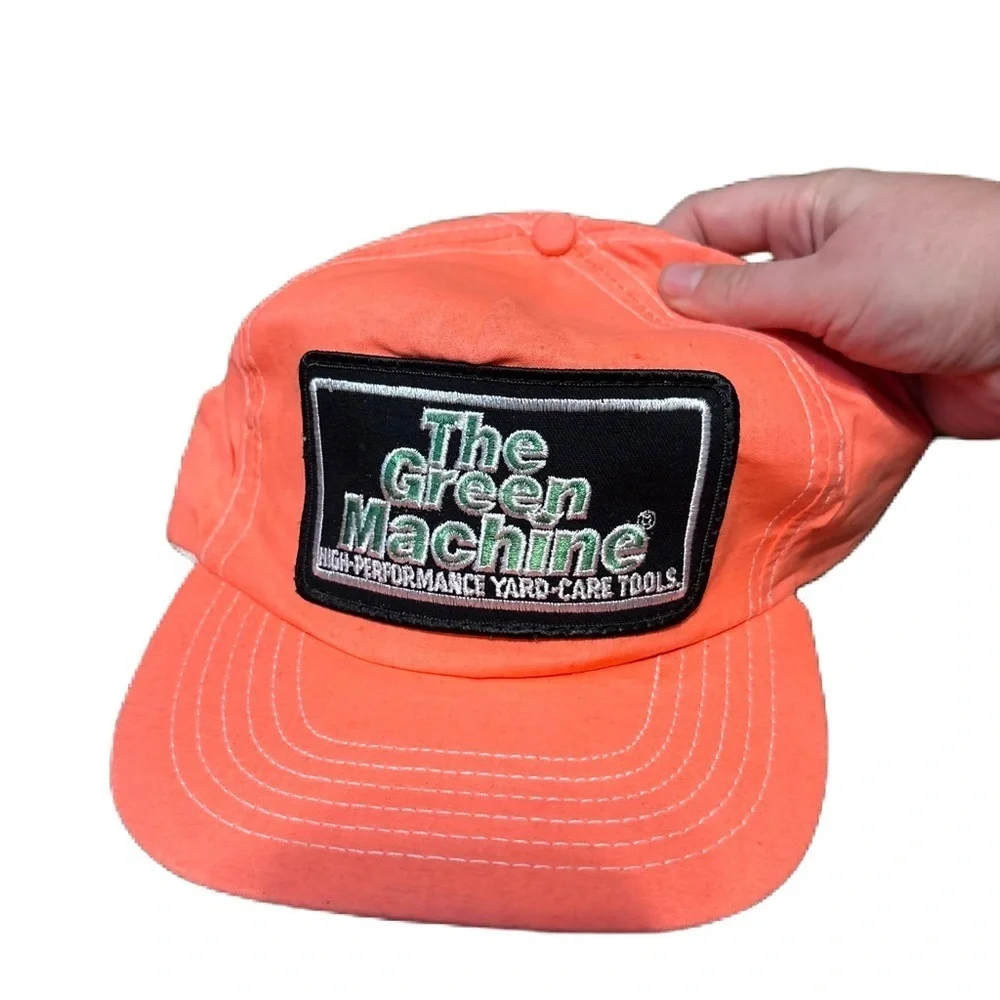 Vintage Green Machine Patch Trucker Snapback Hat Tools Mower Saw Tractor Peach